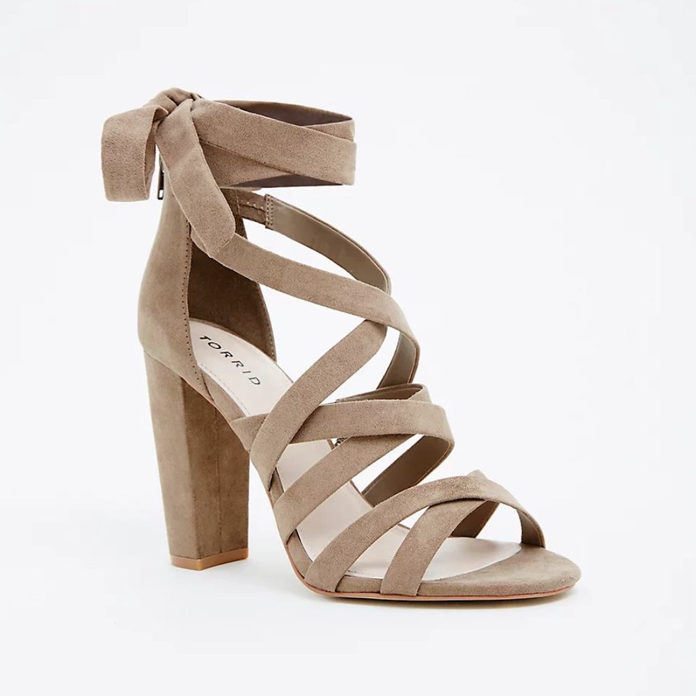 Torrid Strappy Lace Up Heel Taupe Faux Suede Fabric Chunky Heel Back Zip Wide